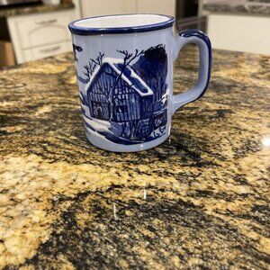 Vintage Otagiri Blue Mug Winter Scene Barn Cabin Carriage Horse Japan Blue White